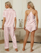 SAPJON Silk Pajamas for Women Set 4Pcs Ruffled Satin Pajamas Set Button Down Short Sleeve Cami Shorts Sleepwear Pj Set
