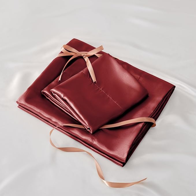BEDELITE Satin Sheets Twin Size Bed Set, Luxury Soft Burgundy Silky Sheets for Hair and Skin, Similar to Silk Bed Sheets Set 3 Pieces with 1 Deep Pocket Fitted Sheet, 1 Flat Sheet, and 1 Pillowcase