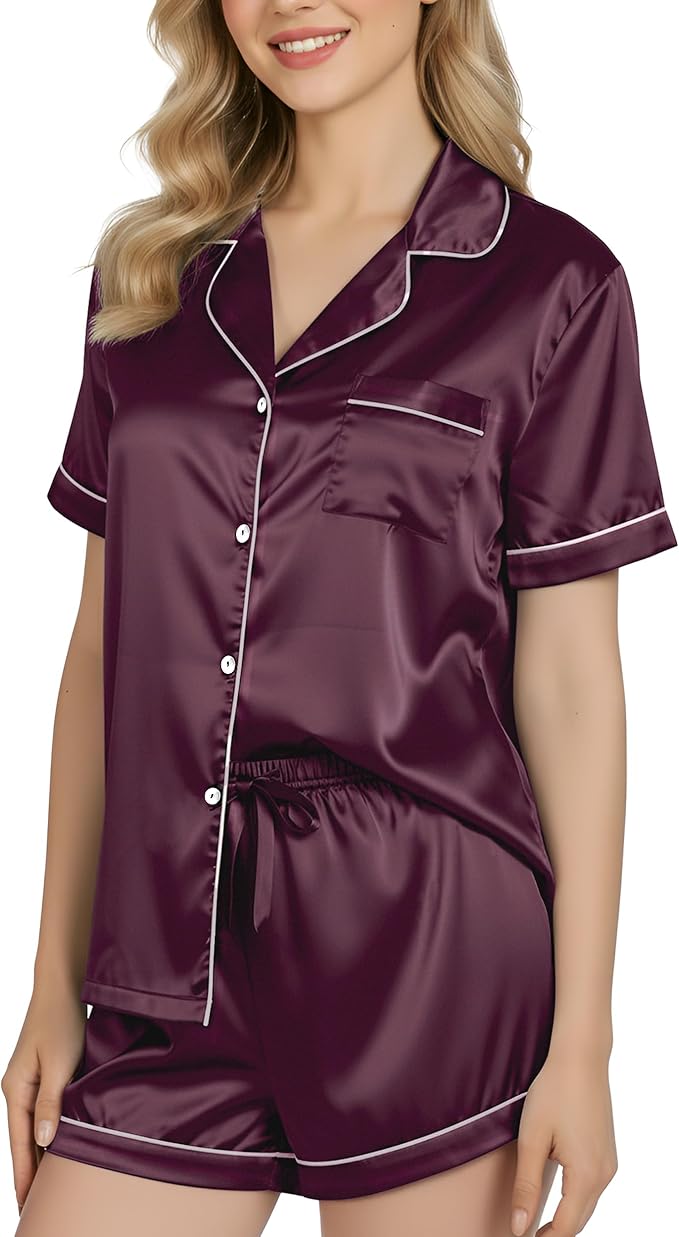 NY Threads Women's Silk Satin Pajamas Set Button Down Top and Shorts 2 Piece Sleepwear Loungewear Pjs Set