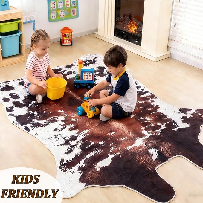 Cow Print Rug, Faux Fur Western Rug 5.2x6.5 Feet Non-Slip Animal Print Washable Faux Cashmere Carpet for Living Room, Western Bedroom Decor, Rustic Farmhouse Home Office