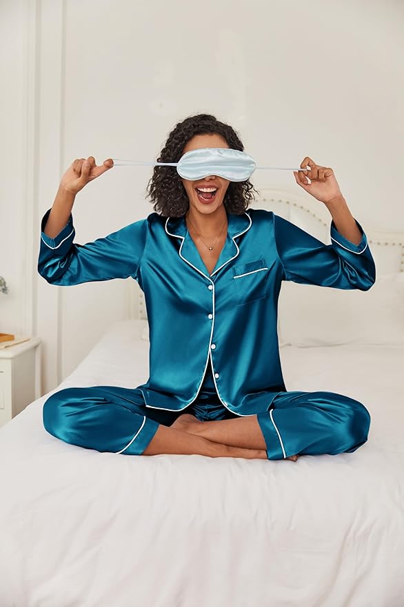 Ekouaer Women's Classic Button Down Long Satin Silk Pajama Set