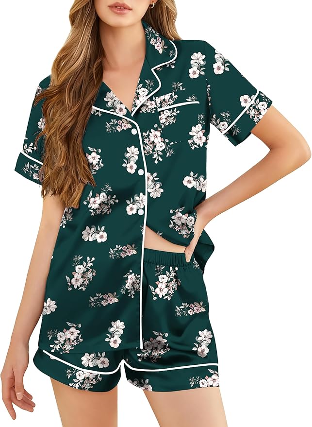 Silk Pajamas for Women Short Sleeve Sleepwear Soft Button Down Loungewear 2 Piece Satin Pjs Shorts Set S-XXL