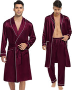 SWOMOG Men's Satin Robe 3 Pcs Silky Kimono Bathrobe Set Lightweight Soft Loungewear Nightwear