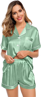 LecGee Womens Silk Satin Pajamas Short Sleeve Loungewear Two-Piece Sleepwear Button-Down Pj Set