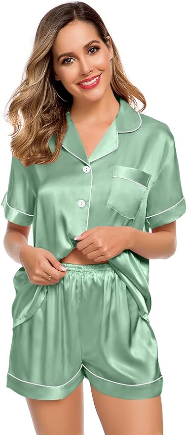 LecGee Womens Silk Satin Pajamas Short Sleeve Loungewear Two-Piece Sleepwear Button-Down Pj Set