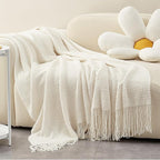 LOMAO Knitted Throw Blanket with Tassels Bubble Textured Lightweight Throws for Couch Cover Home Decor (Cream, 50x60)