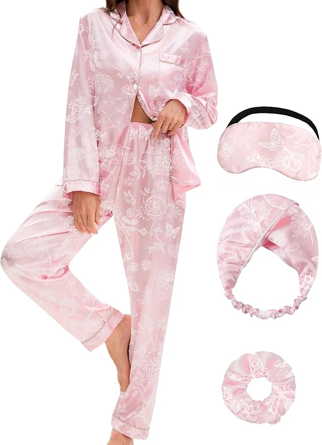 EPLAZA Silk Pajamas for Women Satin Pajamas Set 5 Pcs Long Sleeve Print Pattern Button Down Pjs Sleepwear Loungewear Set