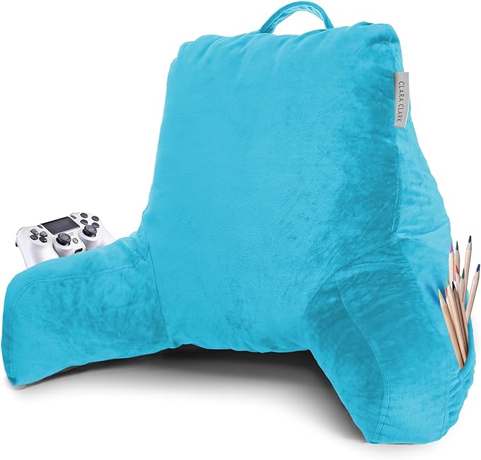 Clara Clark Reading Pillow with Shredded Memory Foam for Sitting Up in Bed and Couch, Back and Arms Adjustable Support for Adults & Teens Backrest Pillows for Reading, with Washable Cover Bright Blue