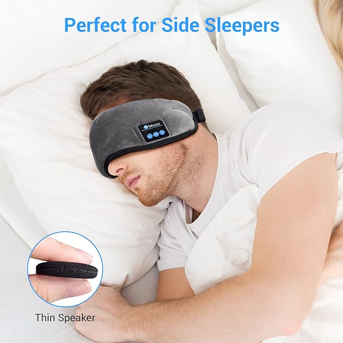 Sleep Headphones - Sleep Mask with Bluetooth Headphones (Grey), Washable Bluetooth Sleep Mask, Built-in Speaker and Microphone, Side Sleeping, Meditation & Travel