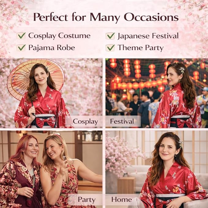 Kimonos for Women Japanese Style Satin Kimono Robe with Bow Belt Fan Hair Accessory and Tabi Socks