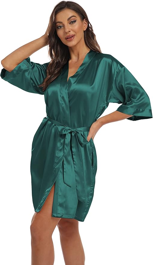 Women's Pure Short Kimono Robes Bride Bridesmaids Silky Bathrobe Lightweight Satin Sleepwear