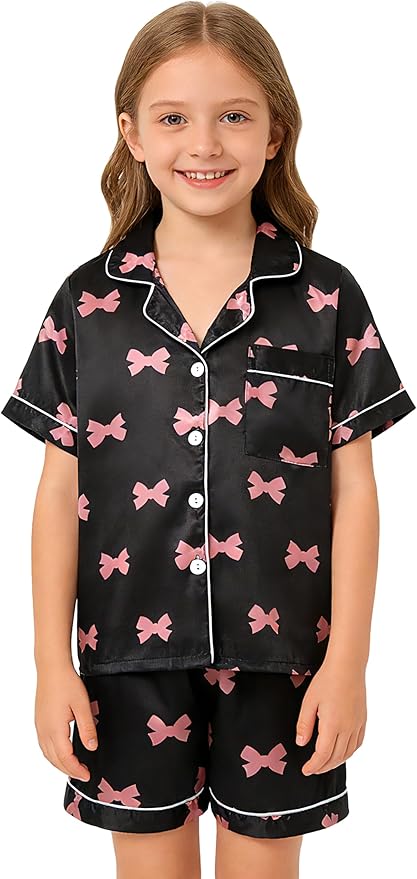 Hupohoi Unisex Girls Boys Kids Pajama Sets Button Down Satin Sleepwear Nighty 3PCS Silky Lounge Sets Nightwear