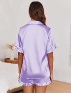 Ekouaer Satin Pajama Set for Women Button Down Silk 2 Piece Pj Sets Ruffle Short Sleeve Sleepwear