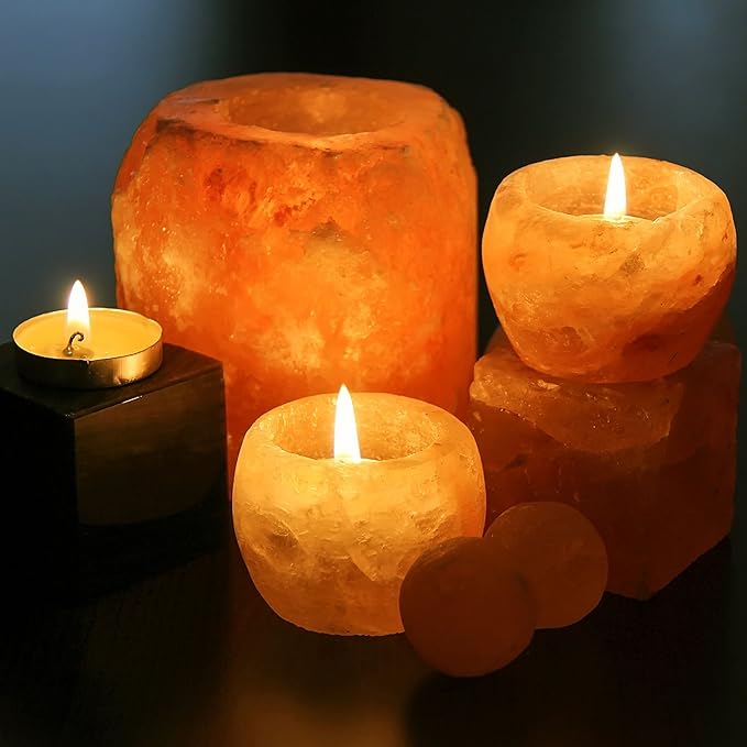 Himalayan Glow Hand Carved Himalayan Salt Candle Holders, Home Decor Item Great as a Night Light (Pack of 2)