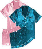 Ekouaer 2 Pack Pajama Sets for Women Silk Satin Pj Short Sleeve Button Down Sleepwear Top and Shorts Summer Lounge Set S-XXL