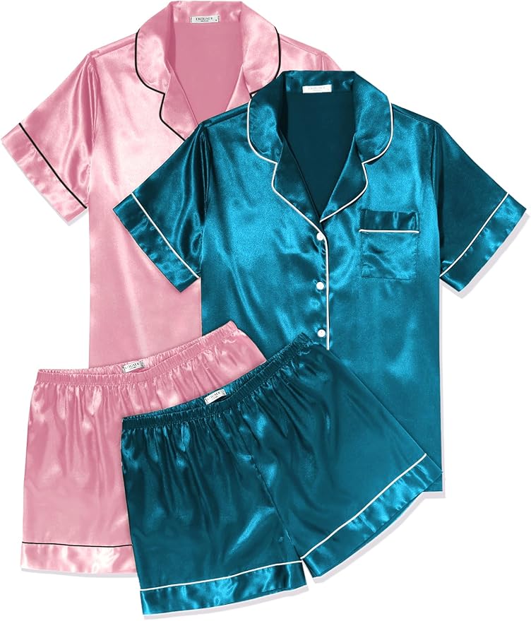 Ekouaer 2 Pack Pajama Sets for Women Silk Satin Pj Short Sleeve Button Down Sleepwear Top and Shorts Summer Lounge Set S-XXL