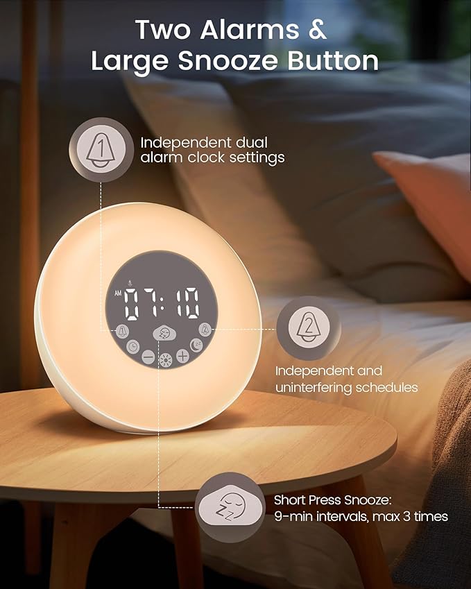 Glocusent Sunrise Alarm Clock for Kids & Heavy Sleepers, Wake Up Light with 14 White Noise Sounds, Dual Alarm Clock, Bluetooth Speaker, Bedside Night Light for Bedroom.