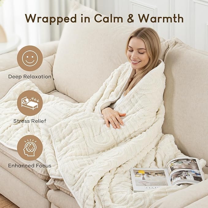 Cottonblue Jacquard Weighted Blanket for Adults 15 lbs Queen Size, Soft Fluffy Sherpa Fleece Weighted Throw Blankets 60" x 80" for Sleep Relax, Fuzzy Warm Arch Heavy Blanket for Bed Couch, Cream White