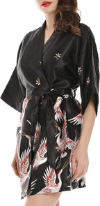 Women Kimono Robes Satin Dressing Gown Crane and Blossoms Sleep Lounge Nightwear Short Silk Bride Bridesmaid Robe