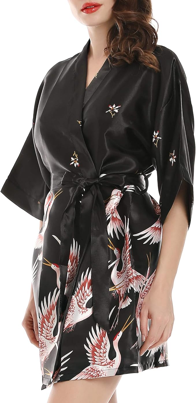 Women Kimono Robes Satin Dressing Gown Crane and Blossoms Sleep Lounge Nightwear Short Silk Bride Bridesmaid Robe