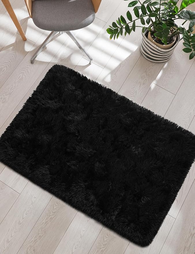 Macgace Small Throw Rugs for Bedroom, 2x3 Black Mini Non-Slip Area Rug, Super Soft Plush Fluffy Carpet Modern Home Decor Aesthetic for Entryway Entrance Nursery Kids Room Dorm Office