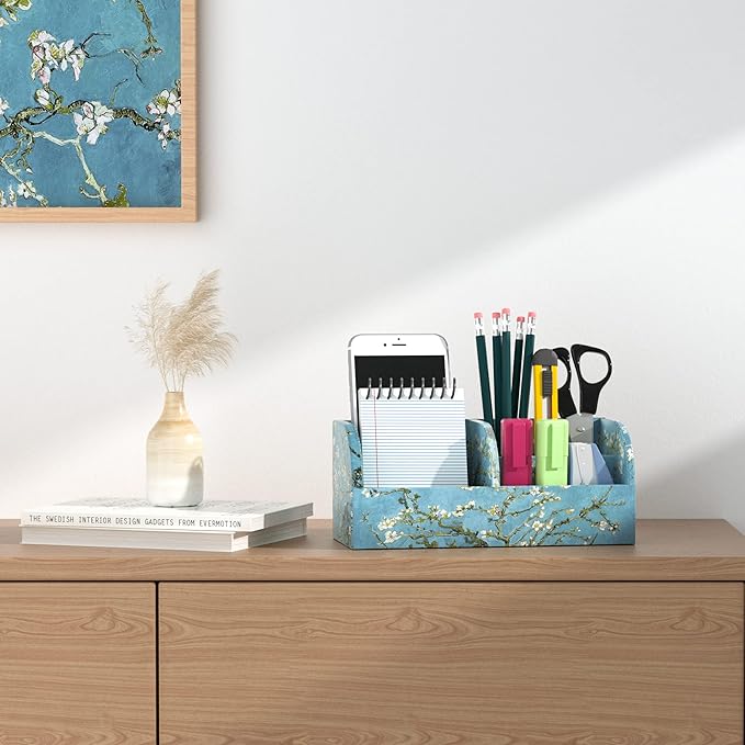 QIELIZI PU Leather Supply Organizer,Remote Control Holder Multifunctional Office Stationery Storage Box Organizer,Pencil Holders Organizers Table Top Desktop Desk Accessories(1-Peach Blossom)
