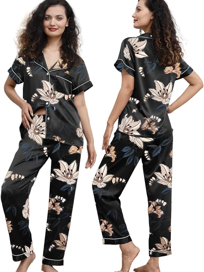 WJing Yi Jia Womens Pajamas Set XS-4XL Floral Silk Satin Pajama Sets Silky Pj Sets 2Pcs Loungewear Sleepwear Button Down Pjs