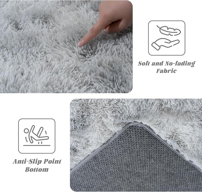Tie-Dyed Grey Rugs for Bedroom 6x9 ft - Ultra Soft Faux Fur Area Rug - Plush Non-Slip Shaggy Carpet for Living Room, Cozy Fluffy Rug for Kids Boys Girls Dorm Nursery Room, High Pile Floor Carpet