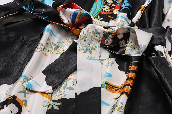 Valennia Women Long Silky Bathrobe Satin Kimono Robe Floral Printed Dressing Gown Sleepwear