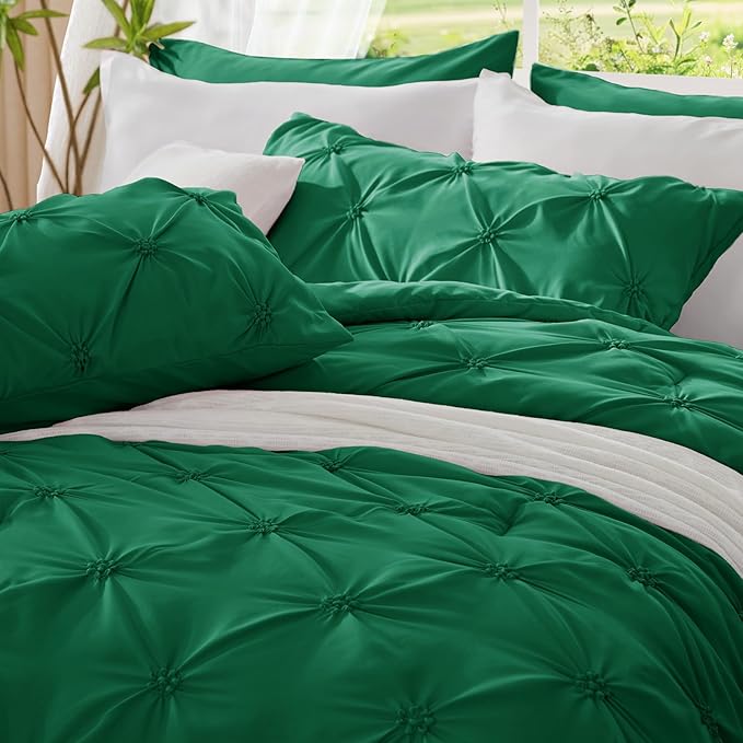 BEDELITE Forest Green King Size Comforter Set - 3 Pieces Boho Pintuck Bedding Comforter Sets, Lightweight Soft & Warm King Bedding Set with 2 Pillowcases for All Season