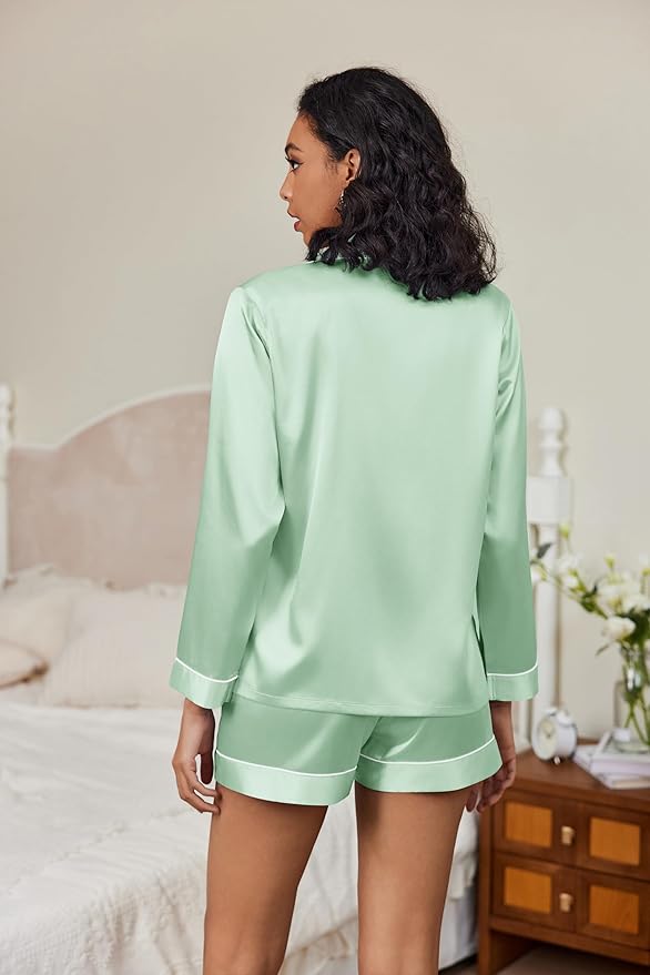 Ekouaer Satin Pajama Set for Women Button Down Pj Set Long Sleeve Top and Shorts 2 Piece Loungewear Summer Soft Sleepwear
