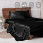 MR&HM Satin Bed Sheets, Queen Size Sheets Set, 4 Pcs Silky Bedding Set with 15 Inches Deep Pocket for Mattress (Queen, Black Striped)