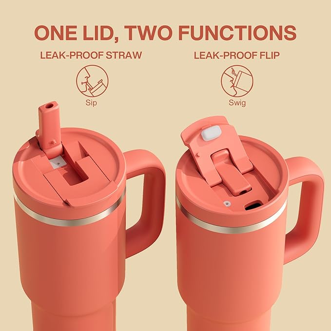ENCOOL 40 oz Tumbler with Handle and Straw: Stainless Steel Insulated Tumbler Keeps Cold for 24 Hours, Leakproof Travel Cup Fits in Cup Holder and BPA-Free,Tawny Orange