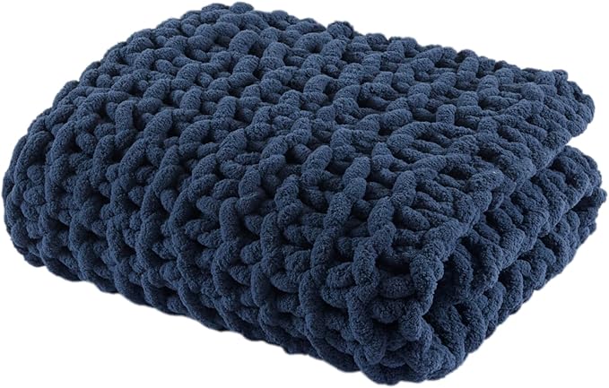 Madison Park Chenille Chunky Knit Handmade Throw Blanket, Luxuriously Soft Gift Blankets, Cottage Style Room Décor, Lightweight & Breathable All Seasons Throw Blanket for Couch, 50"W x 60"L Navy Blue