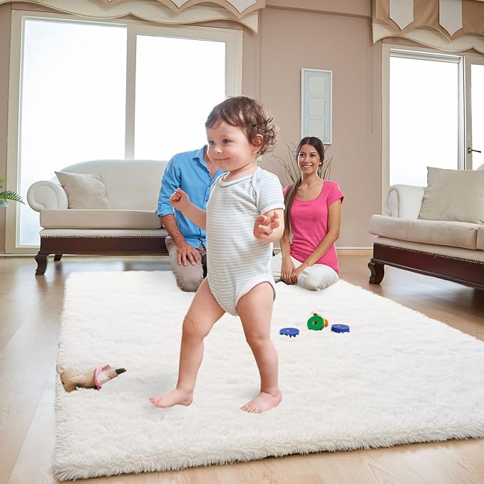 ISEAU Fluffy Rug Carpets Soft Shaggy Area Rugs Indoor Floor Mats for Kids Room Fuzzy Carpet Comfy Cute Nursery Mat Bedside for Boys Girls Bedroom Living Room Home Decor, 6ft x 9ft, Cream White
