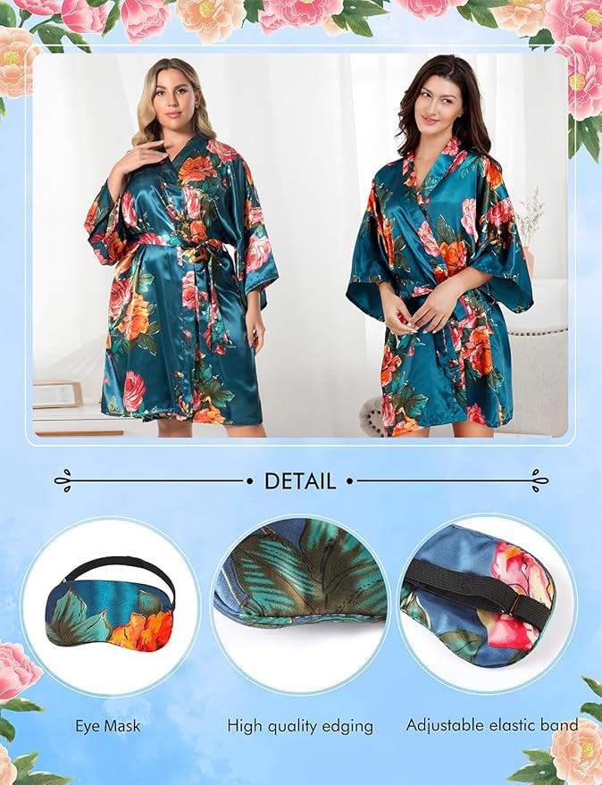 EPLAZA Silk Robes for Women Satin Robe Short Sexy Print Flower Kimono Loungewear Wedding Bridal Party