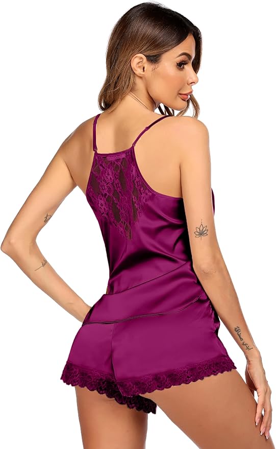 Ekouaer Satin Pajamas Women Lace Sleepwear Lingerie Cami Shorts Set Nightwear XS-XXL