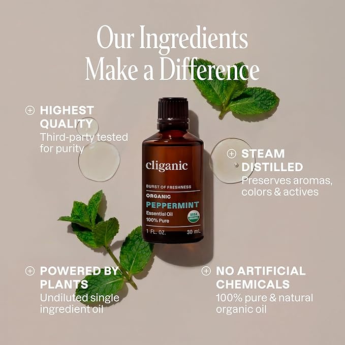 Cliganic Organic Peppermint Essential Oil, 1oz - 100% Pure Natural Undiluted, for Aromatherapy | Non-GMO Verified