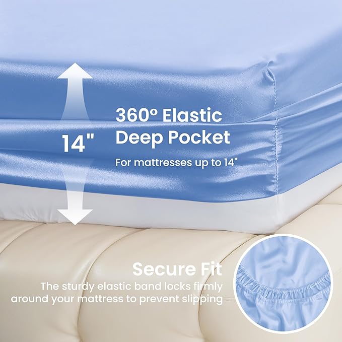Love's cabin Satin Sheet Set - 3 Piece Sky Blue, Luxury Silky Feel, Twin Size, Deep Pockets, Wrinkle Resistant