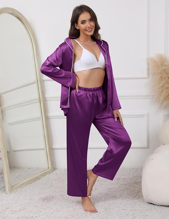 Ekouaer Pajamas For Women Set Silk Pjs 2 Piece Satin Sleepwear Long Sleeve Button Down Lounge Sets With Pant