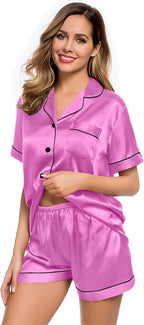 LecGee Womens Silk Satin Pajamas Short Sleeve Loungewear Two-Piece Sleepwear Button-Down Pj Set