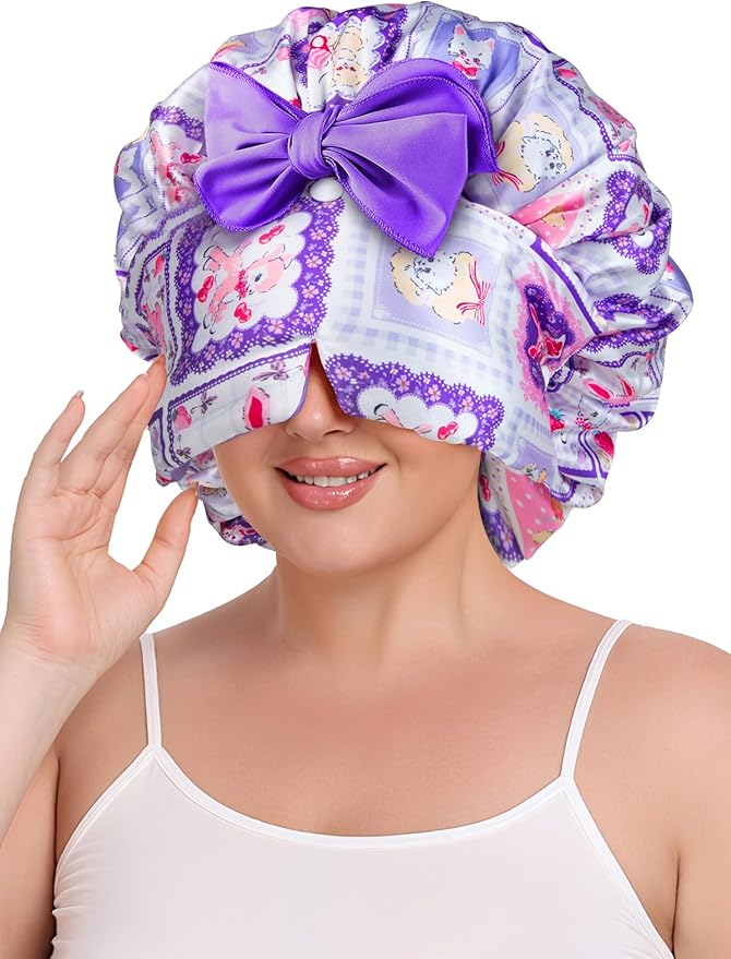 Double Layer Satin Bonnet with Detachable Eye Mask Night Cap for Curly Braids Hair Reduces Frizz Locks in Moisture
