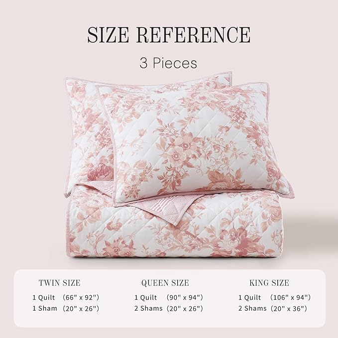 BLOOMHAVEN Quilt Set Queen Size, Dusty Rose Floral Quilt Sets, Reversible Bedspread Lightweight and Breathable for All Seasons, Soft Quilted Bedspread with 2 Pillow Shams