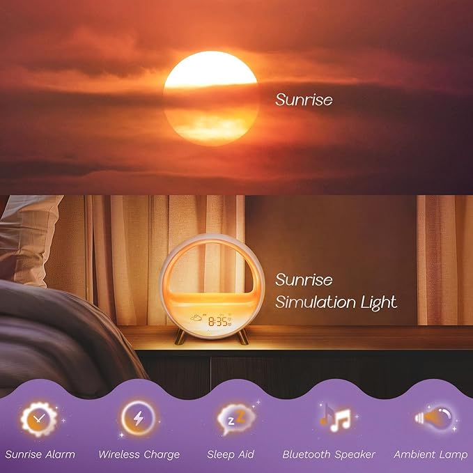 Dekala 5G Arches Gradual Sunrise Alarm Clock Loud Alarm Clock for Heavy Sleepers with Wireless Charging Sunset White Noise Sleep Sound Machine Touch/App/Button Control Best Valentine's Day Gift