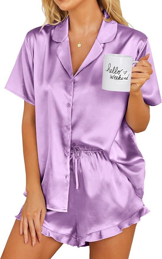 Ekouaer Womens Satin Pajamas Set Button Down 2 Piece Silk Pjs Shorts Set Ruffle Lingerie Notch Collar Sleepwear