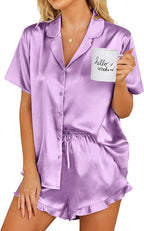 Ekouaer Womens Satin Pajamas Set Button Down 2 Piece Silk Pjs Shorts Set Ruffle Lingerie Notch Collar Sleepwear