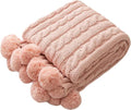 ATMOSURELY Ultra Soft Pink Chenille Cable Knit Throw Blanket with Handmade Pom Poms Cozy Fluffy Knitted Blanket Lightweight Warm Woven Farmhouse Blanket for Bed Sofa Couch 50x60 Inches (Pink)