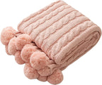 ATMOSURELY Ultra Soft Pink Chenille Cable Knit Throw Blanket with Handmade Pom Poms Cozy Fluffy Knitted Blanket Lightweight Warm Woven Farmhouse Blanket for Bed Sofa Couch 50x60 Inches (Pink)
