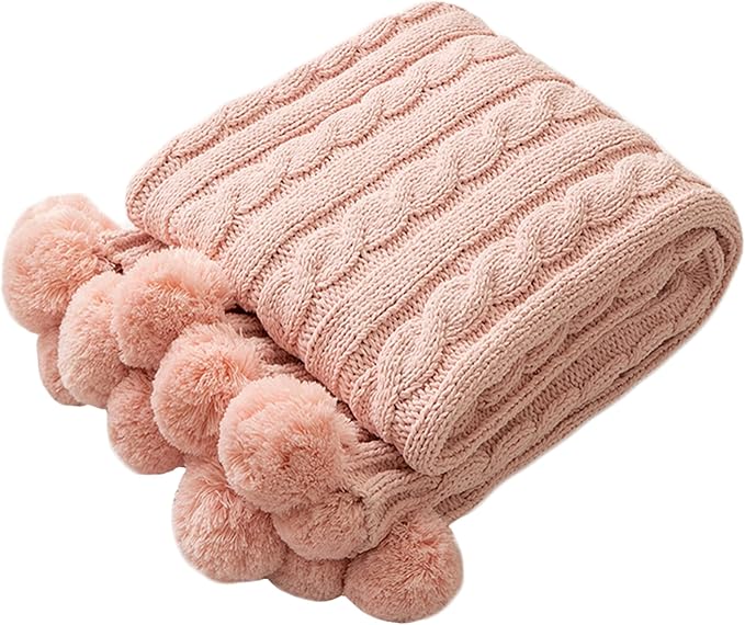 ATMOSURELY Ultra Soft Pink Chenille Cable Knit Throw Blanket with Handmade Pom Poms Cozy Fluffy Knitted Blanket Lightweight Warm Woven Farmhouse Blanket for Bed Sofa Couch 50x60 Inches (Pink)