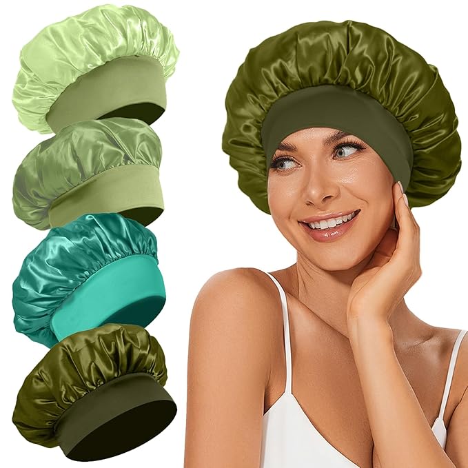 4Pcs Satin Bonnet Silk Bonnet, Hair Bonnet for Sleeping, Elastic Wide Band Silk Sleep Cap, Shower Cap Soft and Breathable (Green Series)